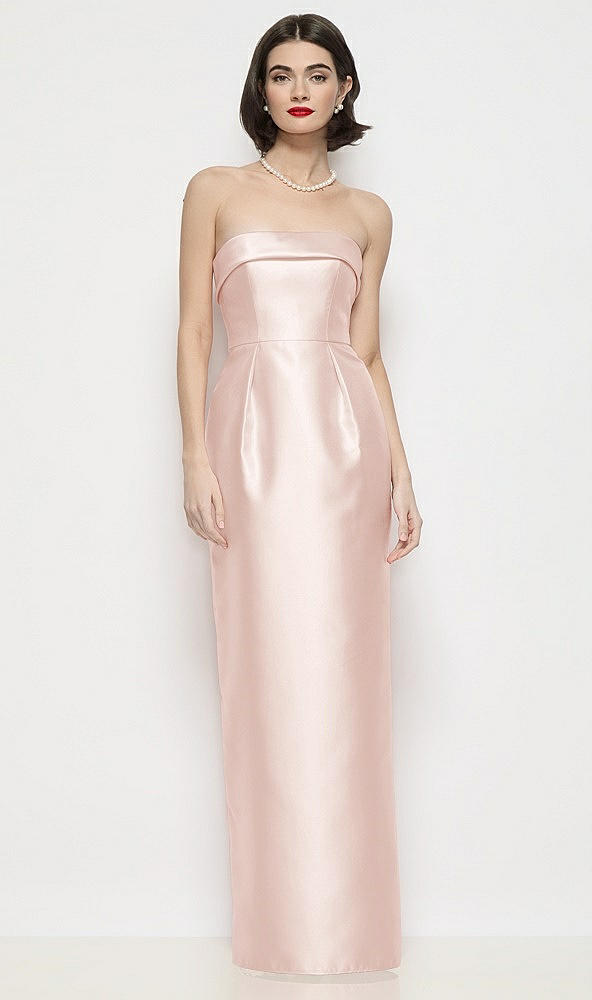 Front View - Blush Strapless Cuff Neck Satin Maxi Dress with Column Skirt