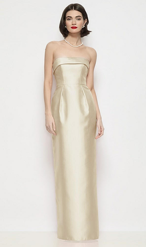 Front View - Champagne Strapless Cuff Neck Satin Maxi Dress with Column Skirt