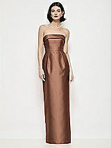 Front View Thumbnail - Cognac Strapless Cuff Neck Satin Maxi Dress with Column Skirt