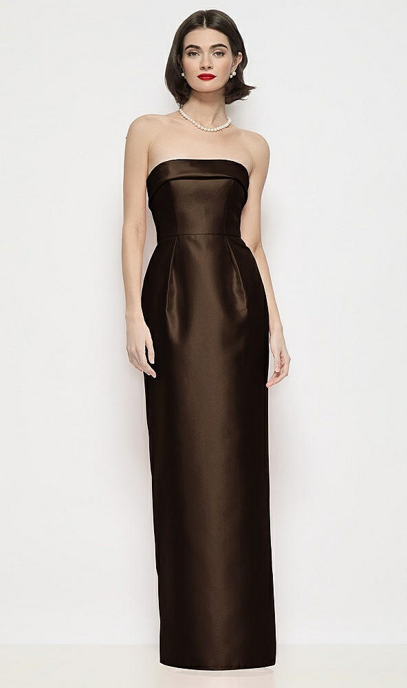 Front View - Espresso Strapless Cuff Neck Satin Maxi Dress with Column Skirt