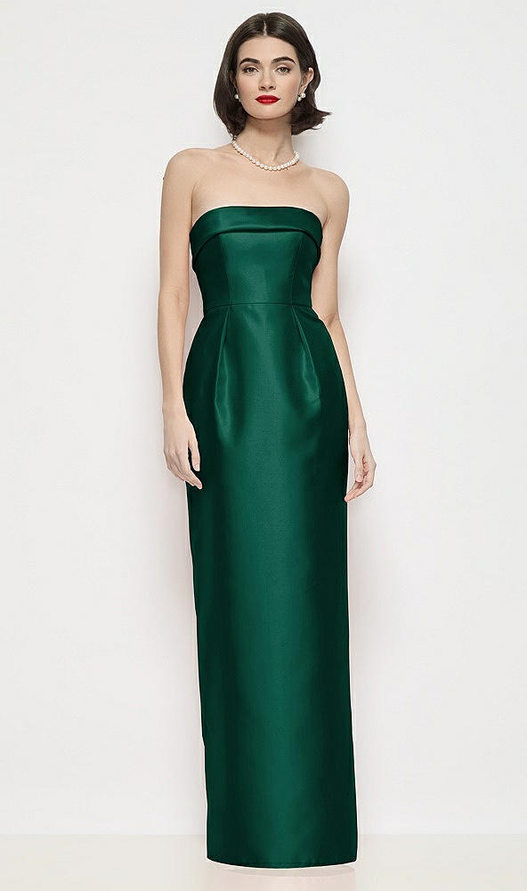 Front View - Hunter Green Strapless Cuff Neck Satin Maxi Dress with Column Skirt