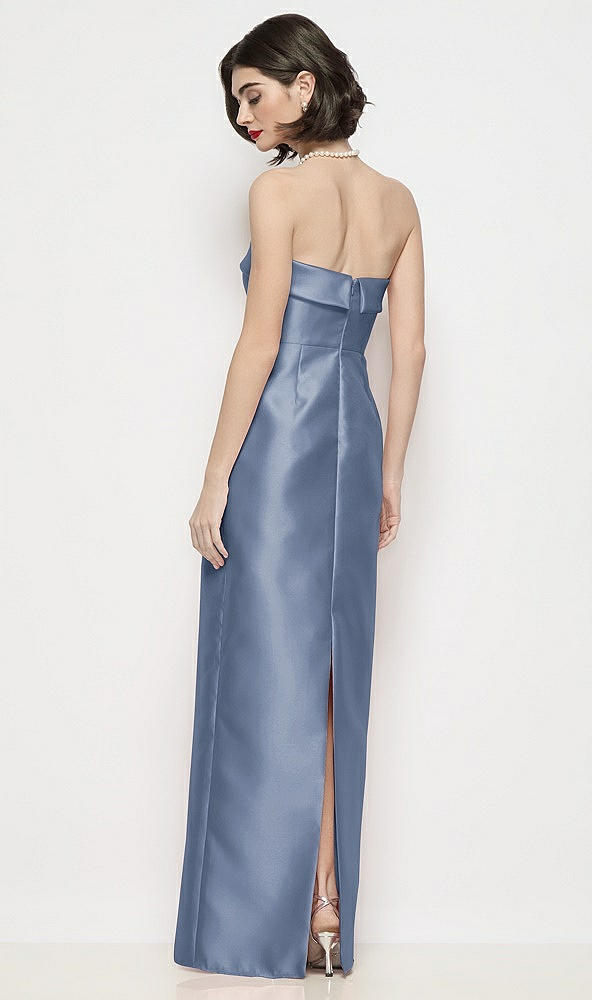 Back View - Larkspur Blue Strapless Cuff Neck Satin Maxi Dress with Column Skirt