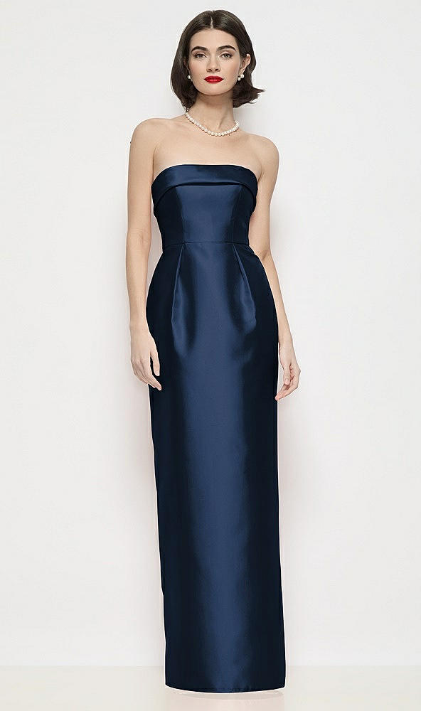 Front View - Midnight Navy Strapless Cuff Neck Satin Maxi Dress with Column Skirt