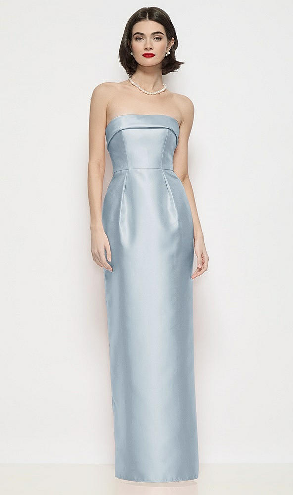 Front View - Mist Strapless Cuff Neck Satin Maxi Dress with Column Skirt