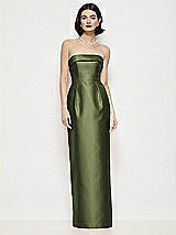 Front View Thumbnail - Olive Green Strapless Cuff Neck Satin Maxi Dress with Column Skirt