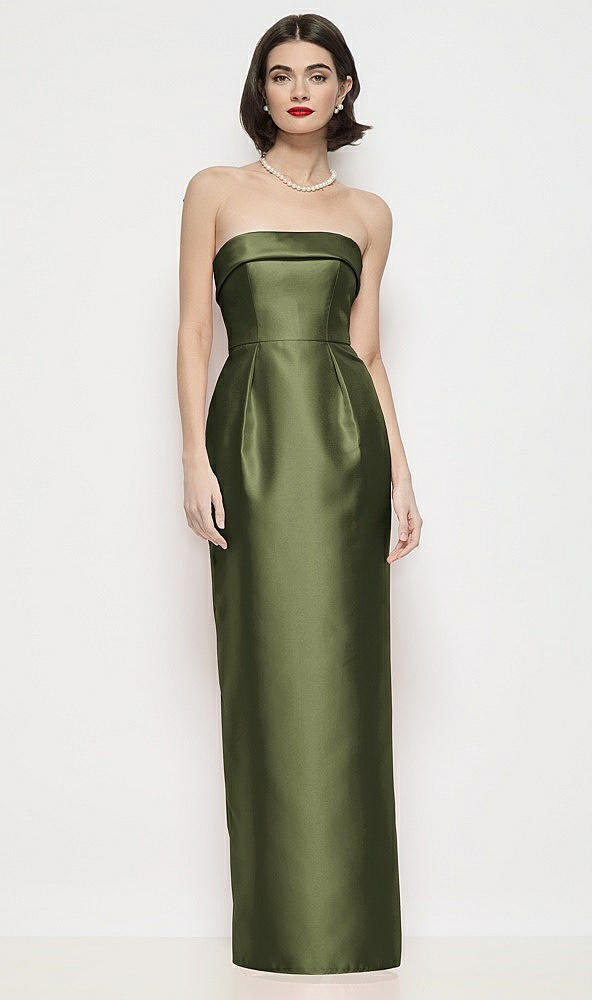 Front View - Olive Green Strapless Cuff Neck Satin Maxi Dress with Column Skirt