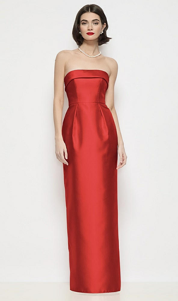 Front View - Poppy Red Strapless Cuff Neck Satin Maxi Dress with Column Skirt