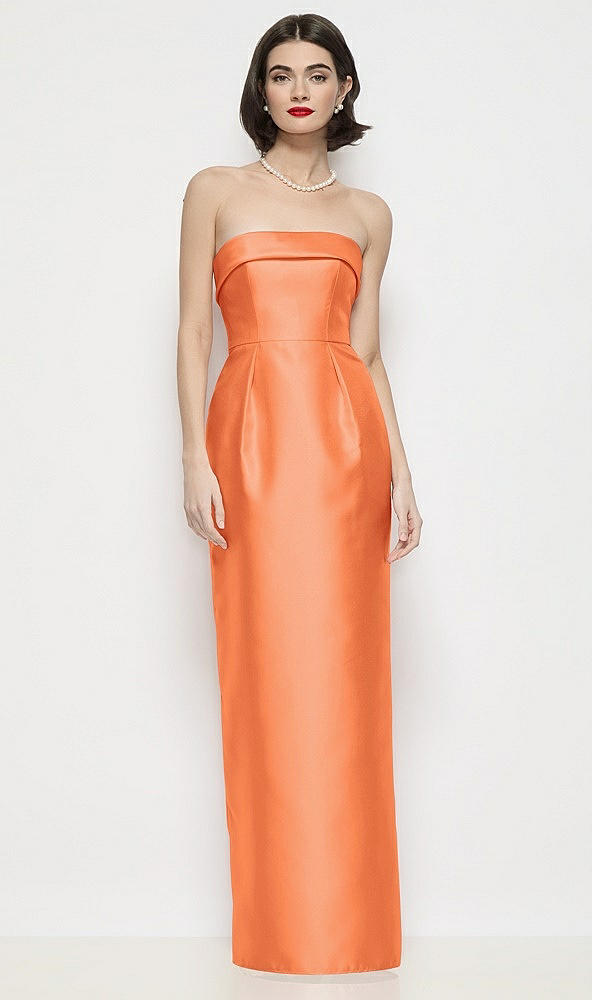 Front View - Portofino Orange Strapless Cuff Neck Satin Maxi Dress with Column Skirt