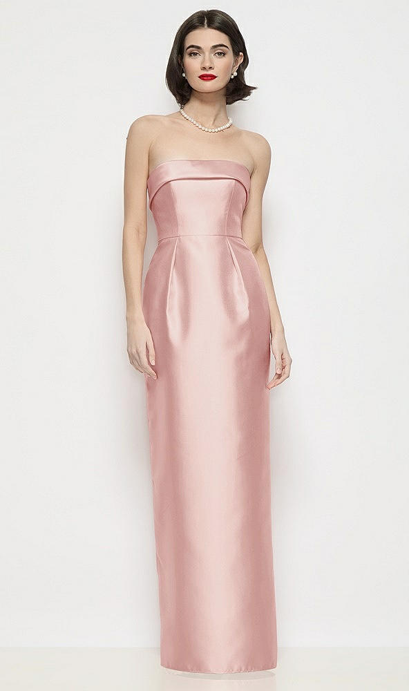 Front View - Rose Strapless Cuff Neck Satin Maxi Dress with Column Skirt