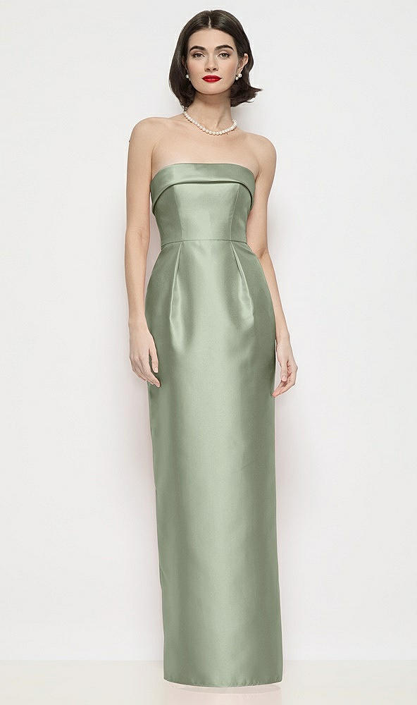 Front View - Sage Strapless Cuff Neck Satin Maxi Dress with Column Skirt