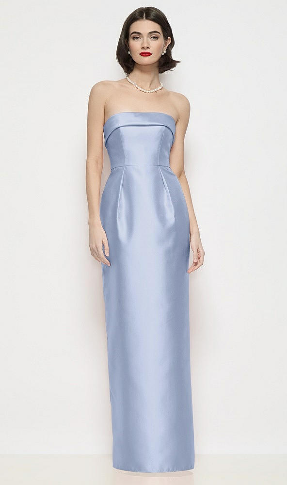 Front View - Sky Blue Strapless Cuff Neck Satin Maxi Dress with Column Skirt
