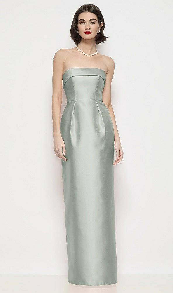 Front View - Willow Green Strapless Cuff Neck Satin Maxi Dress with Column Skirt