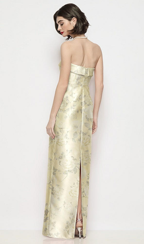 Back View - Butter Yellow Floral Strapless Cuff Neck Floral Satin Maxi Dress with Column Skirt