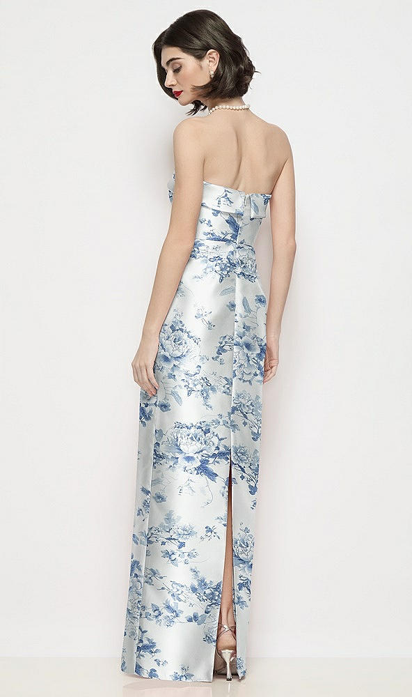 Back View - Cottage Rose Larkspur Strapless Cuff Neck Floral Satin Maxi Dress with Column Skirt
