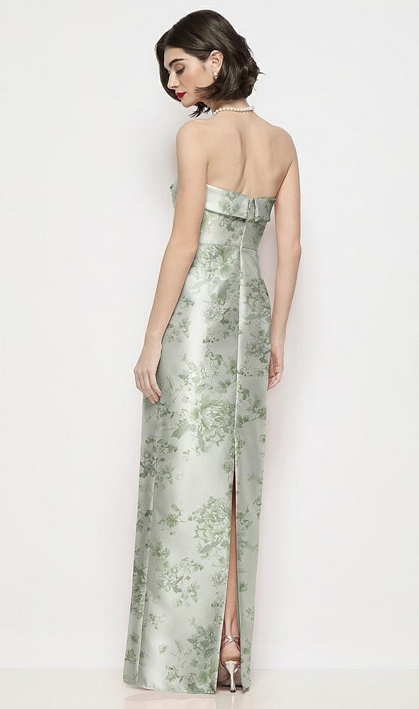 Back View - Sage Cottage Rose Strapless Cuff Neck Floral Satin Maxi Dress with Column Skirt