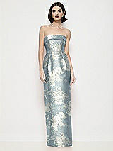 Front View Thumbnail - Porcelain Blue Seraphina Floral Strapless Cuff Neck Floral Satin Maxi Dress with Column Skirt