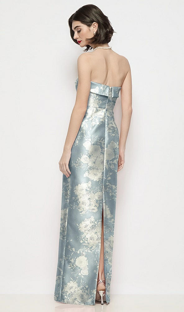 Back View - Porcelain Blue Seraphina Floral Strapless Cuff Neck Floral Satin Maxi Dress with Column Skirt