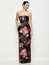 Front View Thumbnail - Wine Black Multi Strapless Cuff Neck Fleur de Villes Satin Maxi Dress with Column Skirt
