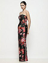 Side View Thumbnail - Wine Black Multi Strapless Cuff Neck Fleur de Villes Satin Maxi Dress with Column Skirt