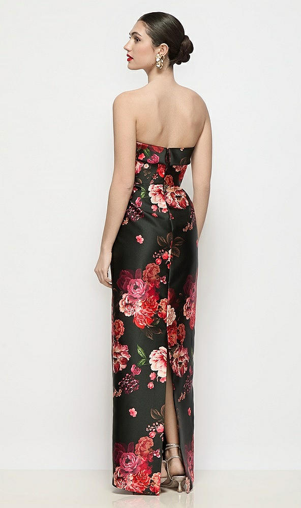 Back View - Wine Black Multi Strapless Cuff Neck Fleur de Villes Satin Maxi Dress with Column Skirt