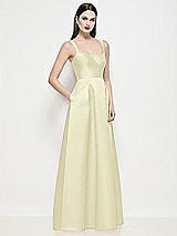 Side View Thumbnail - Butter Yellow Shaped Strap Basque Neck Satin Maxi Dress with Pleated Skirt