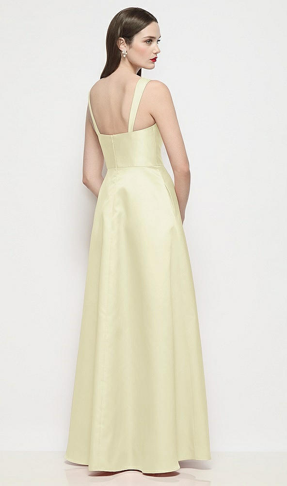 Back View - Butter Yellow Shaped Strap Basque Neck Satin Maxi Dress with Pleated Skirt