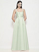 Front View Thumbnail - Mint Green Shaped Strap Basque Neck Satin Maxi Dress with Pleated Skirt