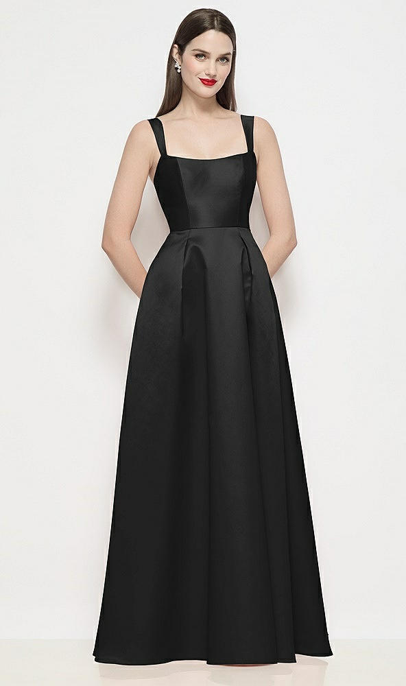 Front View - Black Shaped Strap Basque Neck Satin Maxi Dress with Pleated Skirt
