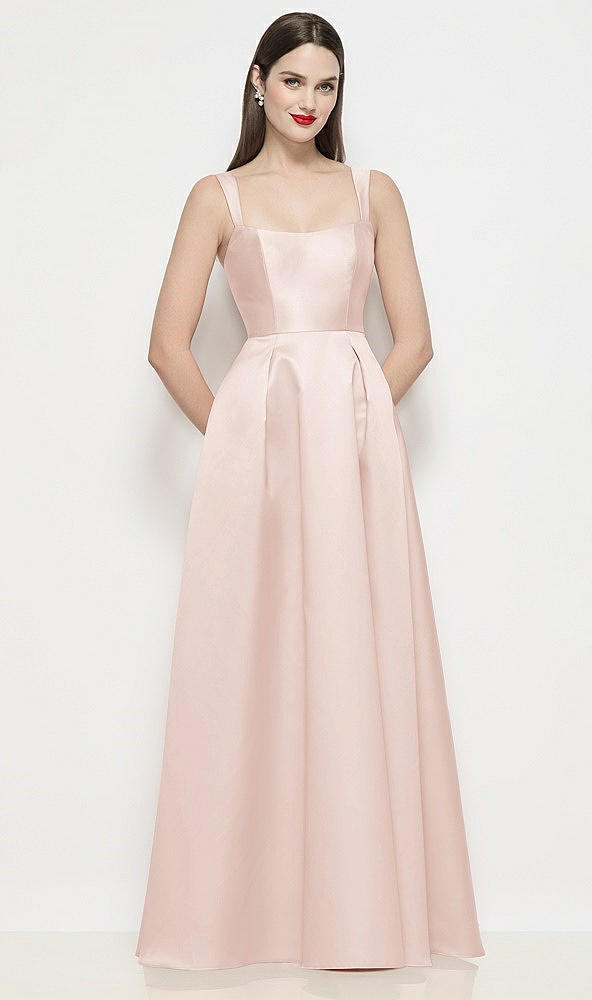 Front View - Blush Shaped Strap Basque Neck Satin Maxi Dress with Pleated Skirt