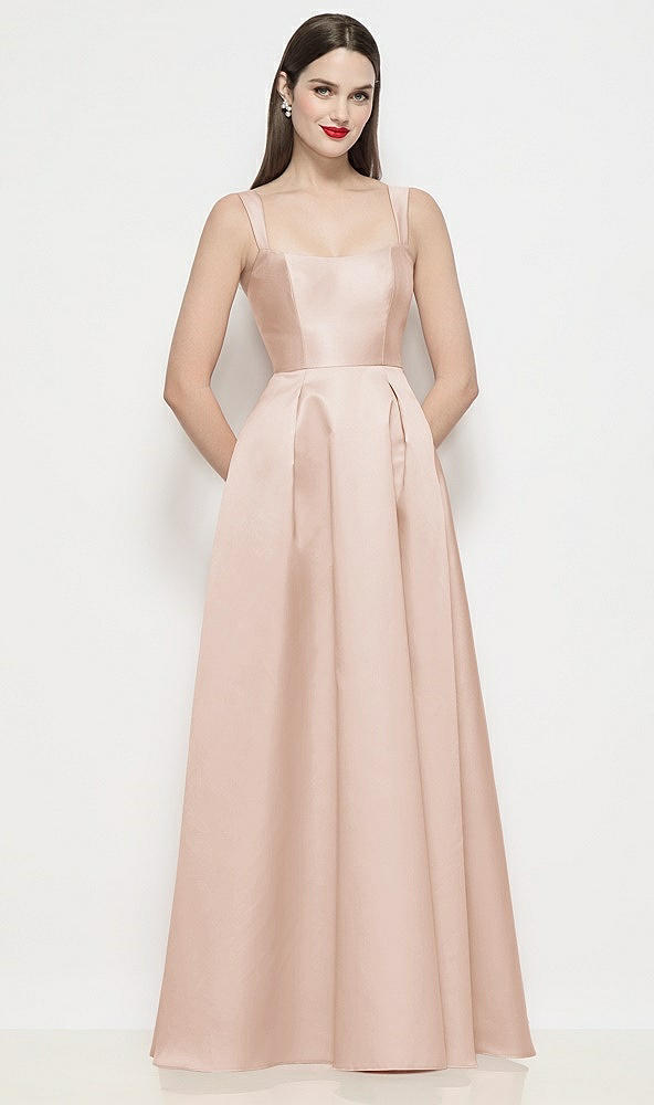 Front View - Cameo Shaped Strap Basque Neck Satin Maxi Dress with Pleated Skirt