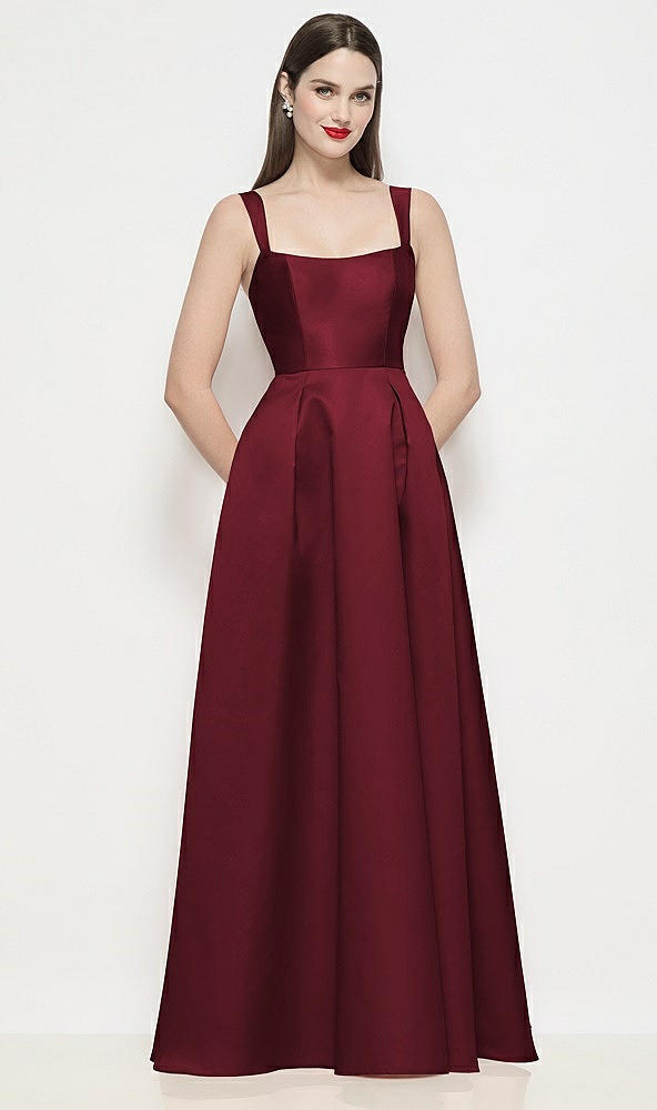 Front View - Cabernet Shaped Strap Basque Neck Satin Maxi Dress with Pleated Skirt
