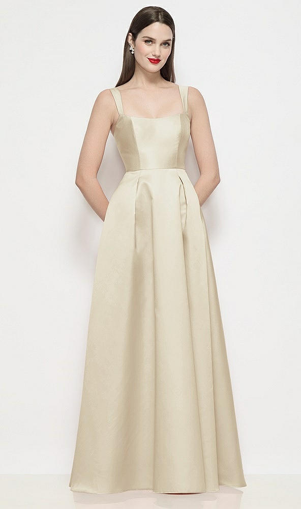 Front View - Champagne Shaped Strap Basque Neck Satin Maxi Dress with Pleated Skirt
