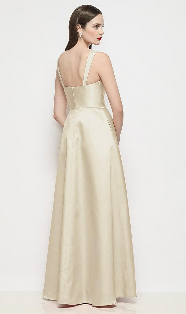 Back View - Champagne Shaped Strap Basque Neck Satin Maxi Dress with Pleated Skirt