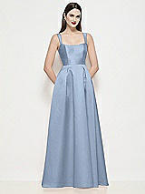 Front View Thumbnail - Cloudy Shaped Strap Basque Neck Satin Maxi Dress with Pleated Skirt