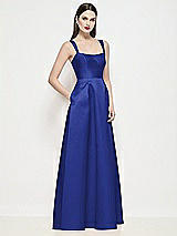 Side View Thumbnail - Cobalt Blue Shaped Strap Basque Neck Satin Maxi Dress with Pleated Skirt