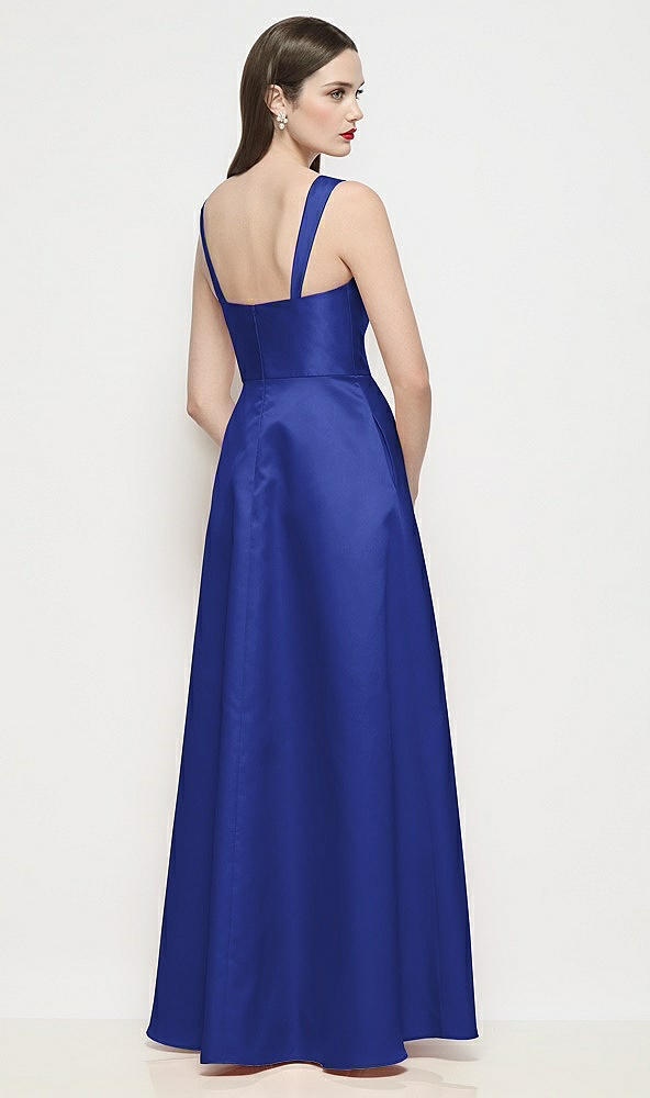 Back View - Cobalt Blue Shaped Strap Basque Neck Satin Maxi Dress with Pleated Skirt