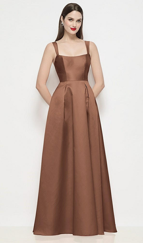 Front View - Cognac Shaped Strap Basque Neck Satin Maxi Dress with Pleated Skirt