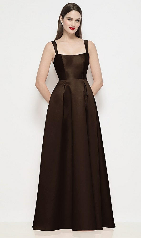 Front View - Espresso Shaped Strap Basque Neck Satin Maxi Dress with Pleated Skirt