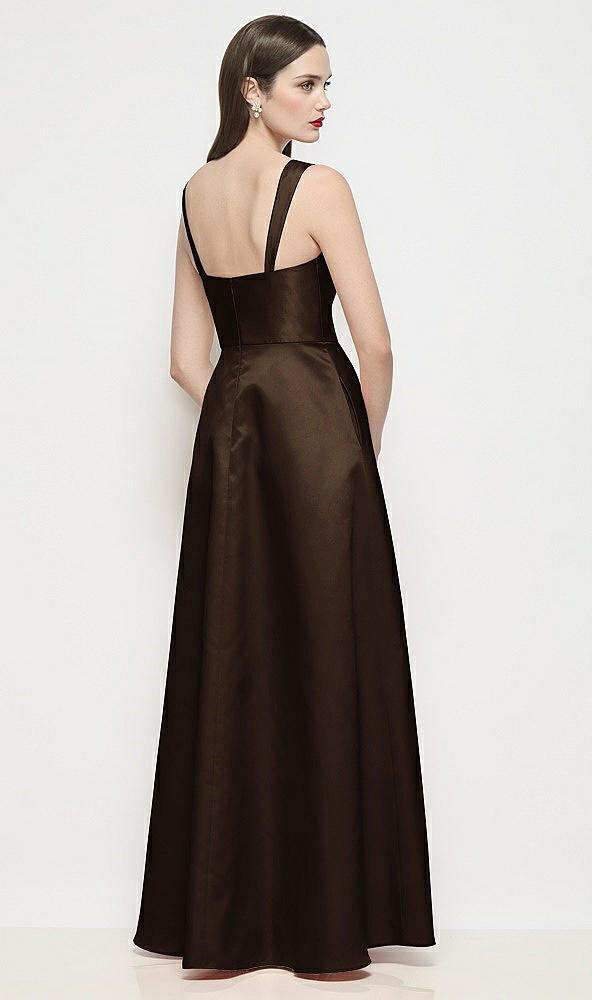 Back View - Espresso Shaped Strap Basque Neck Satin Maxi Dress with Pleated Skirt