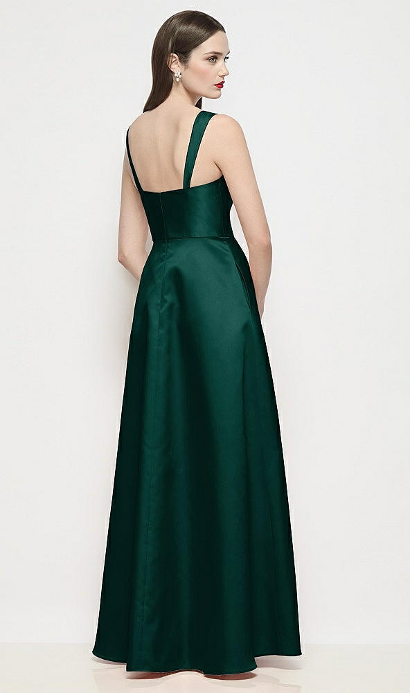 Back View - Evergreen Shaped Strap Basque Neck Satin Maxi Dress with Pleated Skirt