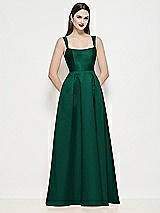 Front View Thumbnail - Hunter Green Shaped Strap Basque Neck Satin Maxi Dress with Pleated Skirt