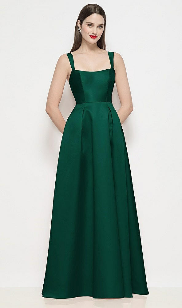 Front View - Hunter Green Shaped Strap Basque Neck Satin Maxi Dress with Pleated Skirt