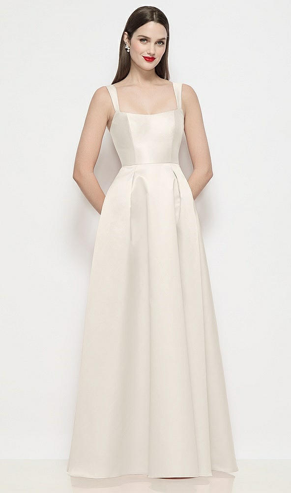 Front View - Ivory Shaped Strap Basque Neck Satin Maxi Dress with Pleated Skirt