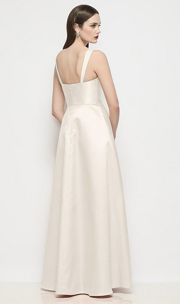 Back View - Ivory Shaped Strap Basque Neck Satin Maxi Dress with Pleated Skirt