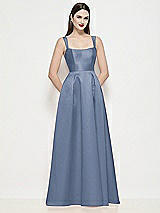 Front View Thumbnail - Larkspur Blue Shaped Strap Basque Neck Satin Maxi Dress with Pleated Skirt