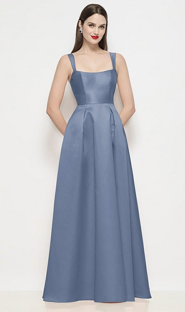 Front View - Larkspur Blue Shaped Strap Basque Neck Satin Maxi Dress with Pleated Skirt