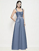 Side View Thumbnail - Larkspur Blue Shaped Strap Basque Neck Satin Maxi Dress with Pleated Skirt