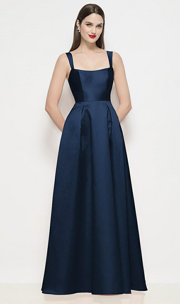 Front View - Midnight Navy Shaped Strap Basque Neck Satin Maxi Dress with Pleated Skirt