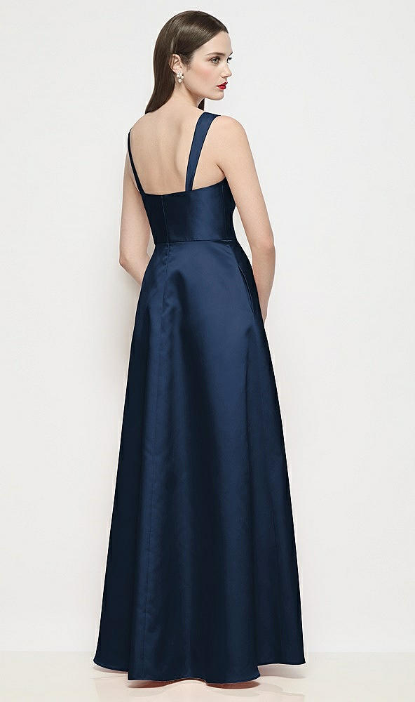 Back View - Midnight Navy Shaped Strap Basque Neck Satin Maxi Dress with Pleated Skirt