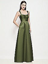 Side View Thumbnail - Olive Green Shaped Strap Basque Neck Satin Maxi Dress with Pleated Skirt